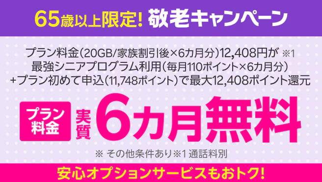 敬老キャンペーン(15分かけ放題&安心パックに初めて加入で実質6カ月無料)