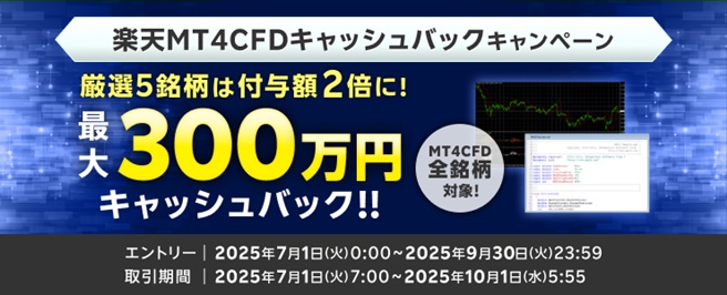 全銘柄対象!最大300万円!楽天MT4CFDキャッシュバックキャンペーン!
